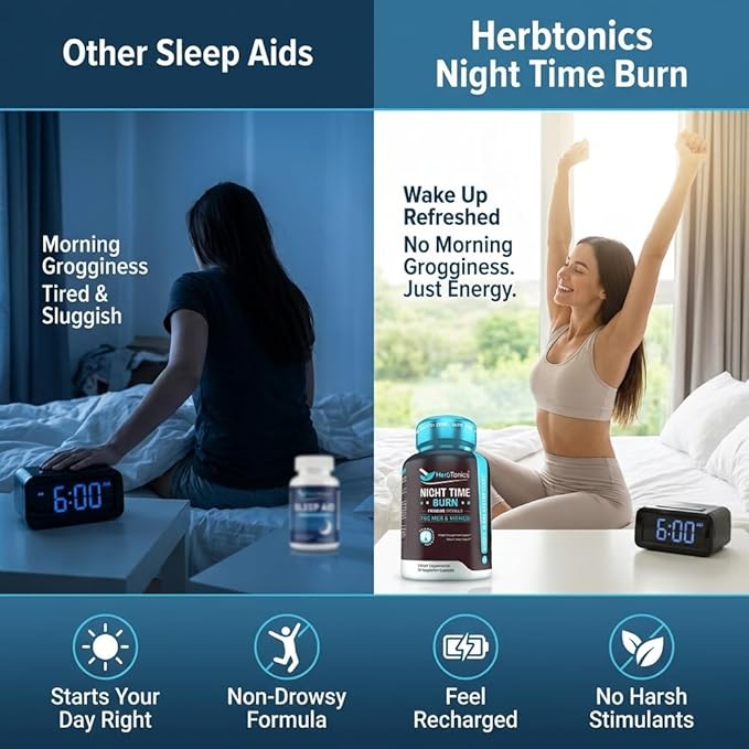 Herbtonics Night Time Burn &amp Sleep Complex Supports Overnight Metabolism Stress Relief &amp Deep Sleep. Includes Melatonin Valerian and Green Tea – Vegan Bedtime Weight Management (60 Capsules)
