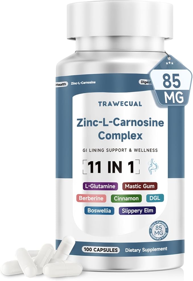 Zinc L Carnosine Complex 85mg 11-in-1 Digestive &amp Gut Health Support Supplement with Soothing Herbal Extract Blend L-Glutamine &amp Mastic Gum 100 Capsules Non-GMO Vegan