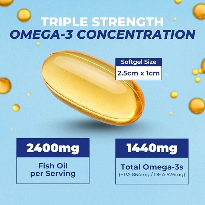 Vital Omega 3 Fish Oil Supplements 2400mg | 864mg EPA &amp 576mg DHA | 1440mg Total Omega-3 Fatty Acids | Promotes Brain &amp Heart Health | Non-GMO Gluten-Free Sugar-Free | Lemon | 60 Day Serving