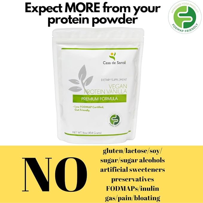 Casa de Sante Vegan Protein Vanilla - GLP-1 Support Low FODMAP Gut Friendly Plant Protein Powder - 21g Protein - MD PhD Formulated - Pea Hemp Sacha Inchi - 16 oz