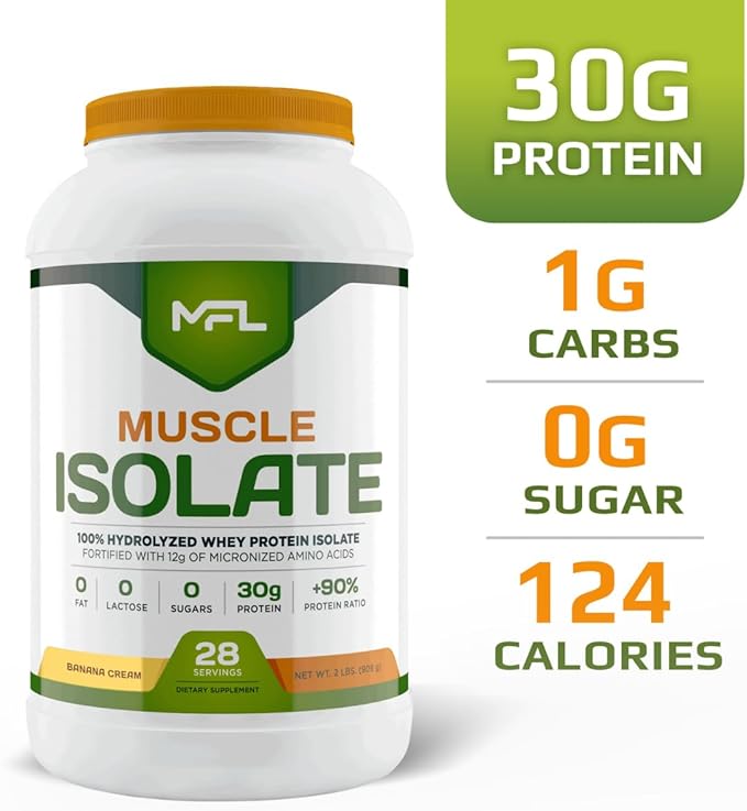 MFL 100% Isolate Protein l 30g of Protein l 12g Amino Acids l Keto Friendly l Low Carbs l 2 lbs. (Banana Cream)
