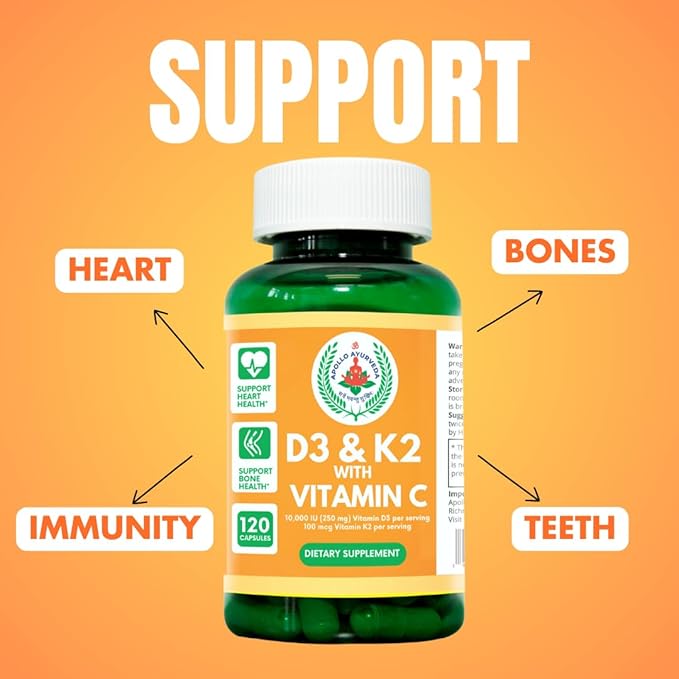 Vitamin D3 10000 IU &amp Vitamin K2 100 mcg with Vitamin C - 120 Capsules - Heart &amp Bone Support Capsule Supplemet - Non-GMO &amp Gluten Free Made in USA