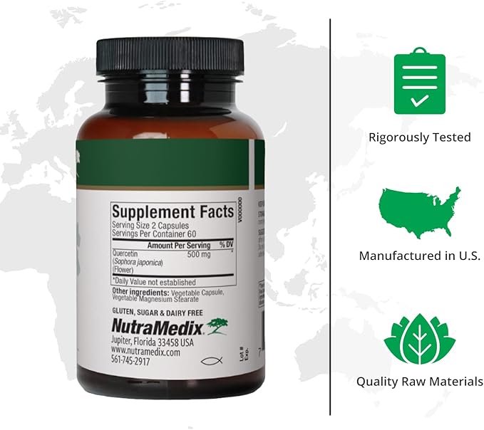 NutraMedix Quercetin - Quercetin 500mg Capsules - Antioxidant &amp Immune Support Supplement for Heart Health - Aids in Zinc &amp Vitamin C Absorption (120 Vegetarian Capsules)