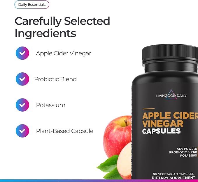 Livingood Daily Apple Cider Vinegar Capsules with The Mother (1500mg) - ACV Pills with Probiotics &amp Potassium for Women &amp Men - Supports Gut Health Digestion Appetite &amp Weight - Vegan 9