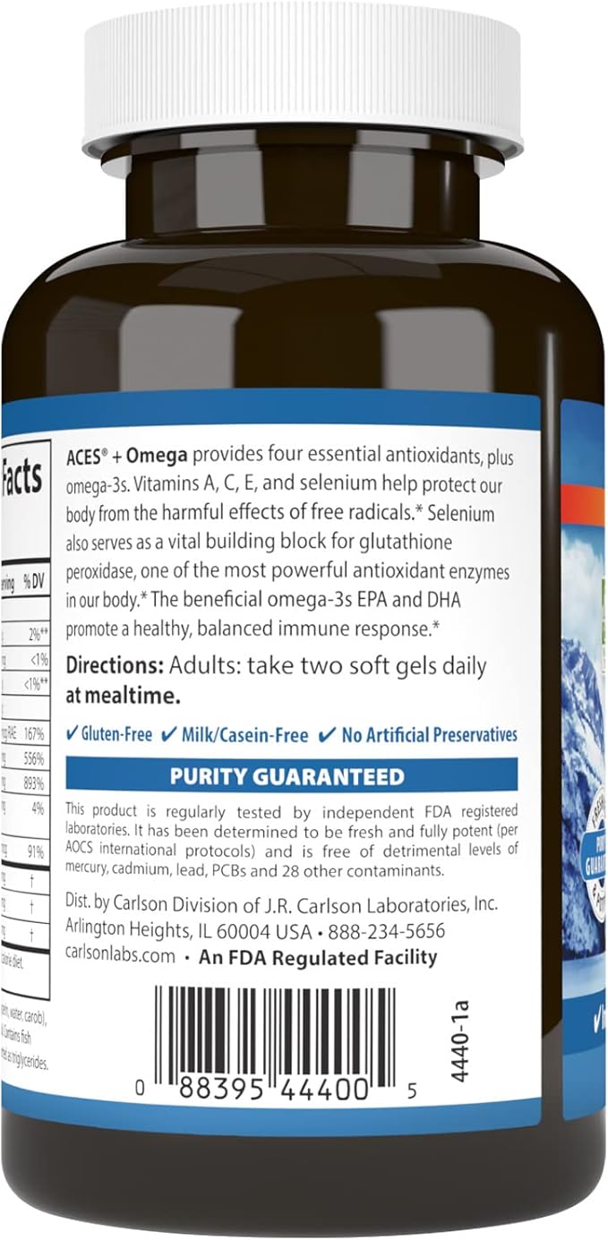 Carlson - ACES + Omega Vitamins A C E &amp Selenium + Omega-3s EPA and DHA Health Support 60 Softgels