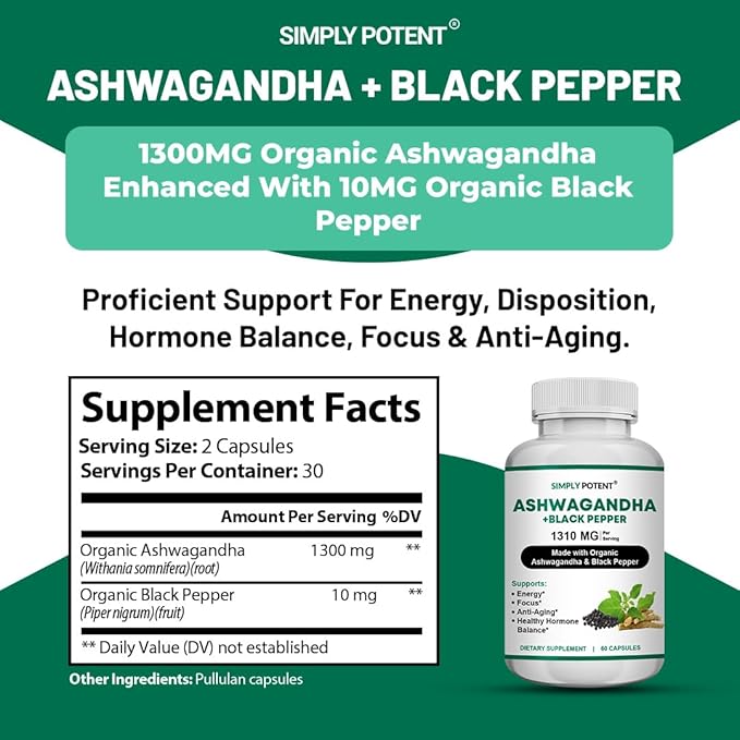 Simply Potent Ashwagandha Capsules Organic Ashwagandha Supplement with Black Pepper High Absorption Ashwagandha Root Pills 650 mg Ashwagandha Extract for Stress Immune Energy &amp Mood Support 60