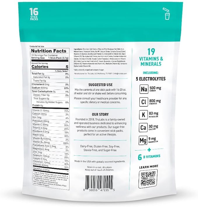 TRULABS Hydrate - Citrus Splash. Sugar Free Electrolytes Hydration Packets. Each Serving Contains 1422 mg of Electrolytes &amp19 Vitamins &amp Minerals (16 ct)