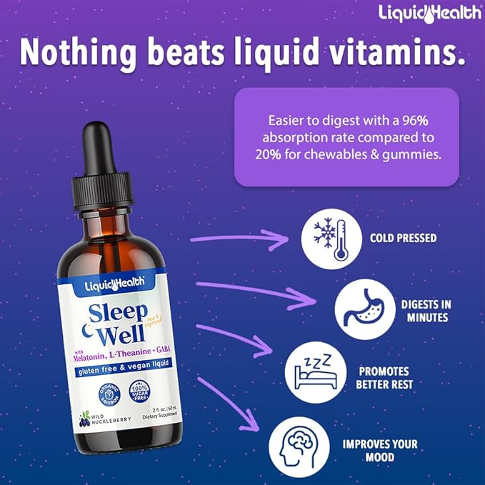 LIQUIDHEALTH Organic Methyl B12 5000mcg Vitamin Drops with Tart Cherry Juice &amp Sleep Well Melatonin Sleep Aid Drops - Boost Natural Energy Focus Concentration Promote Relaxation Improve Sleep