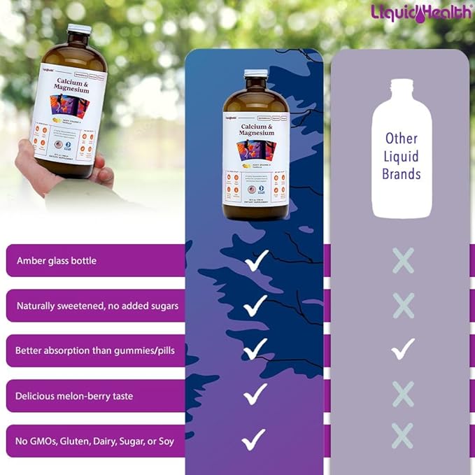 LIQUIDHEALTH Calcium &amp Magnesium Adult Liquid Vitamin Supplement - Bone Joint Muscle Connective Tissue Support Heart Health Essential Nutrients - Made in the USA Vegan Non GMO No Sugar (32