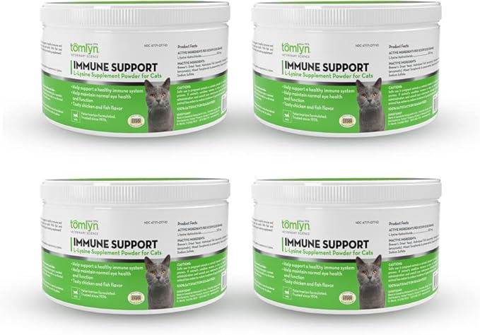 Tomlyn Immune Support Daily L-Lysine Supplement Fish-Flavored Lysine Powder for Cats and Kittens 4 Pack