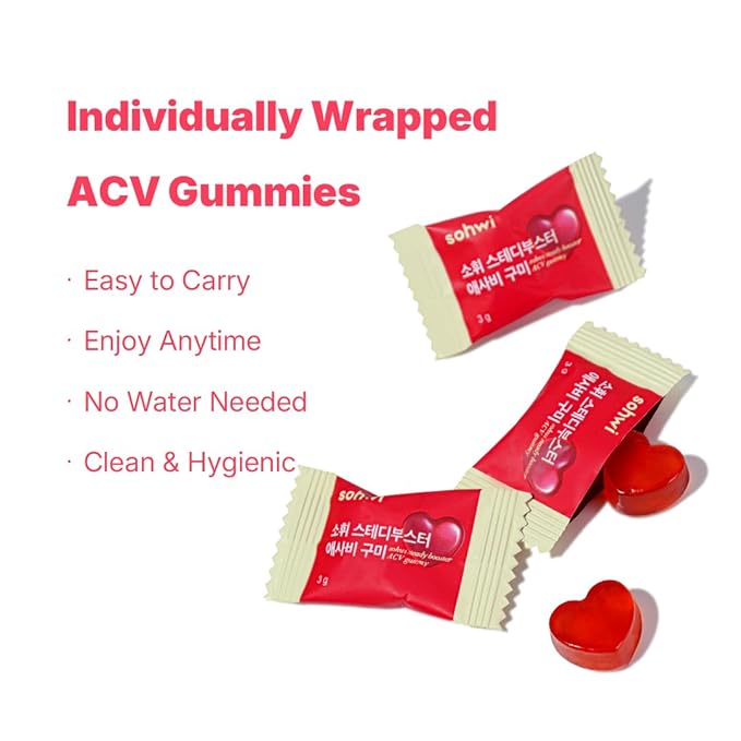 Sohwi Apple Cider Vinegar Gummies – ACV Gummies for After Meals &amp Cravings Plant-Based Formula No Gelatin or Maltitol Individually Wrapped Non-GMO 30 Gummies