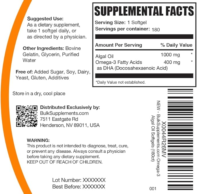 BulkSupplements.com Omega-3 Softgels - from Algal Oil Algae Oil Omega 3 Supplement - Gluten Free 1 Softgel per Serving 180 Count (Pack of 1)