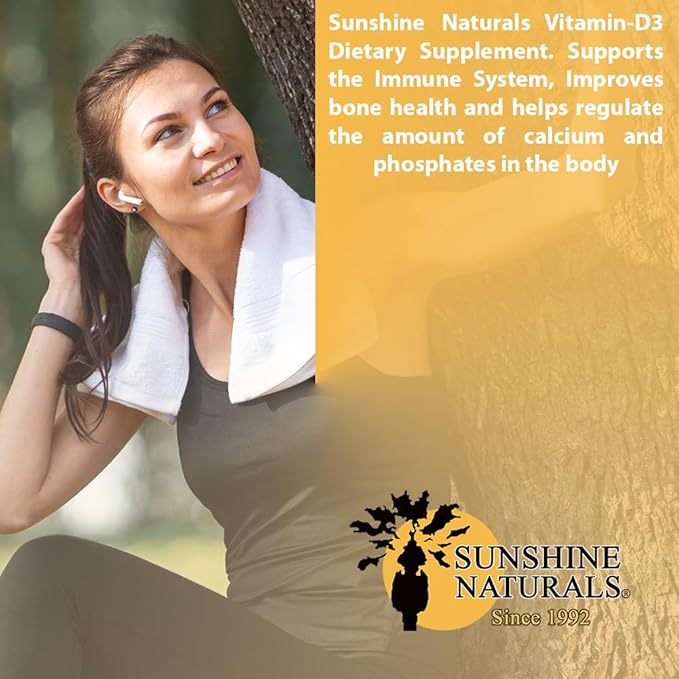 Sunshine Naturals Vitamin D3 Dietary Supplement. High Strength for Immune System Support Bone Health Mood Boost and Muscle Function. Supports Healthy Calcium Absorption. 100 Gels.