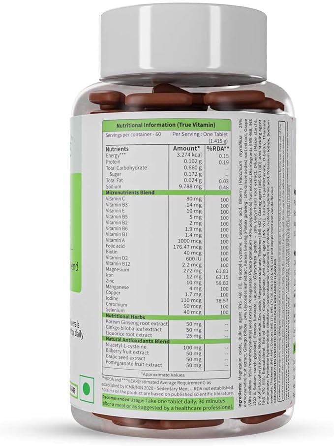 Viva Multivitamin | True Vitamin for Men and Women with Antioxidant &amp Herbs Blend Vitamin C D3 ZincVitamin Ginseng Extract for Energy Stamina &amp Immunity 60 Multivitamin Tablets