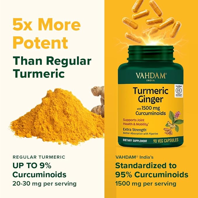 VAHDAM Extra Strength Turmeric Ginger Supplement with 1500mg Curcuminoids per Serving | Added Piperine for Better Absorption | Supports Joint Health and Mobility | 90 Veg Capsules