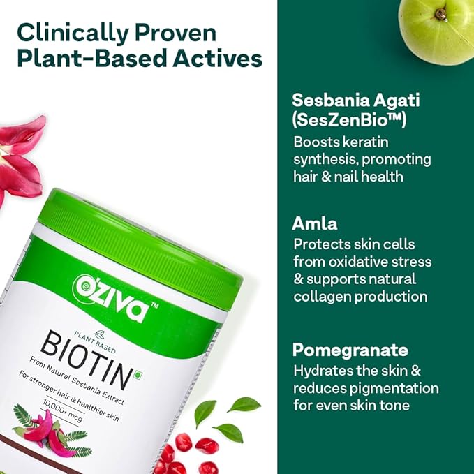 OZiva Plant Based Biotin to Improve Hair Thickness | 100% Natural Biotin from Sesbania Agati Amla &amp Pomegranate | Clinically Proven Biotin Powder for Men &amp Women | 375g Pack of 3 (Classic)