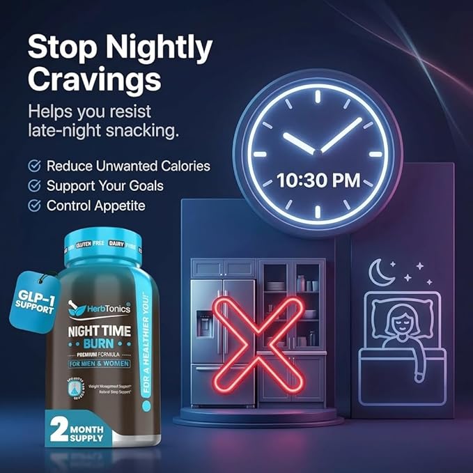Herbtonics Night Time Burn &amp Sleep Complex Supports Overnight Metabolism Stress Relief &amp Deep Sleep. Includes Melatonin Valerian and Green Tea – Vegan Bedtime Weight Management (60 Capsules)