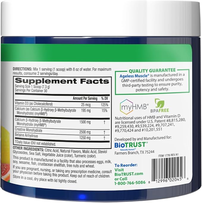 BioTrust Ageless Muscle Builder - Creatine HMB Powder with Vitamin D3 &amp Betaine - Build &amp Preserve Naturally Declining Muscle Mass &amp Strength - Citrus Splash 30 Servings