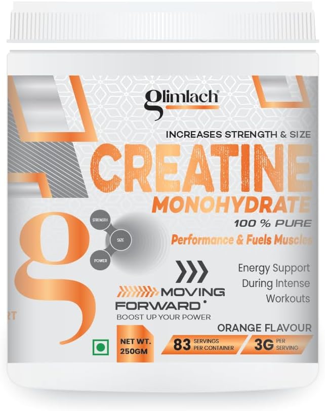 GLIMLACH Creatine Monohydrate | 83 Servings Per Container | Premium Micronized Creatine for Enhanced Strength Performance &amp Muscle Recovery (250 Gram Orange)