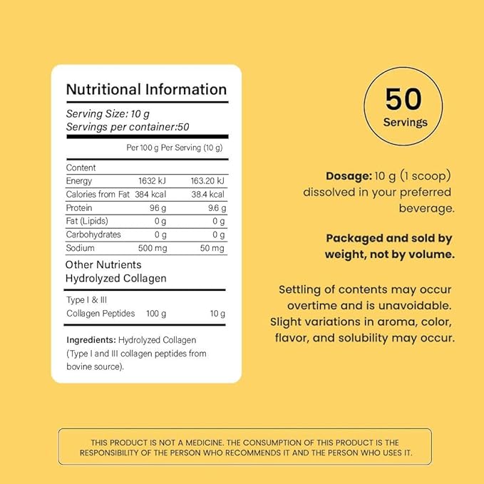 Hydrolyzed Collagen Peptides Powder Type I &amp III Bovine Supplement Flavorless Odorless Sugar-Free Gluten-Free 500g 50 Servings