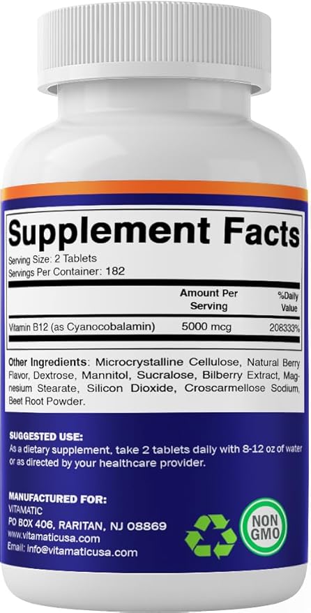 Vitamatic Vitamin B12 5000 mcg – 365 Fast Dissolve Tablets Berry Flavor – Supports Energy Production &amp Nervous System Health – Non-GMO Gluten-Free- 2 Pack