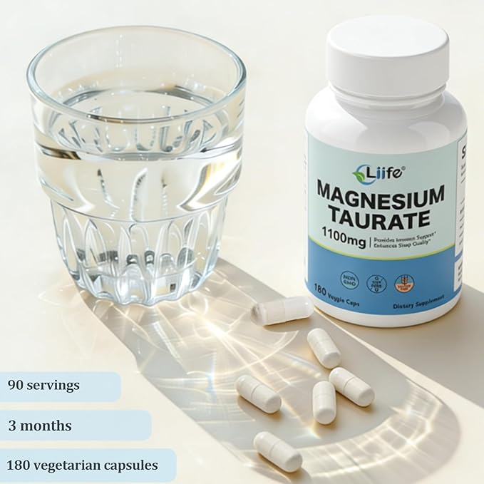 LIIFE Magnesium Taurate 1100mg -180 Vegetarian Capsules-200MG Elemental Magnesium Per Serving - Supports restful Sleep &amp Helps Maintain Healthy Muscle Function