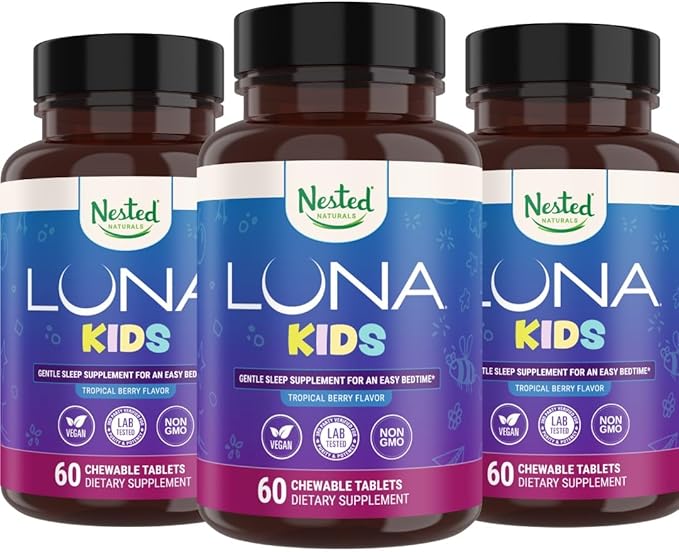 Nested Naturals Luna Kids Sleep Supplement - for Children &amp Melatonin Sensitive Adults - Gentle Herbal Supplement with Chamomile Melatonin &amp Valerian - 180 Chewable Tablets (60 Per Bottle)