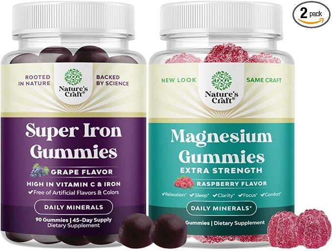Bundle of Extra Strength Iron Gummies for Women and Men with Vitamin C for Higher Absorption and Extra Strength Calm Magnesium for Adults - Relaxing Supplement with Elemental Mag - Sleep Aid