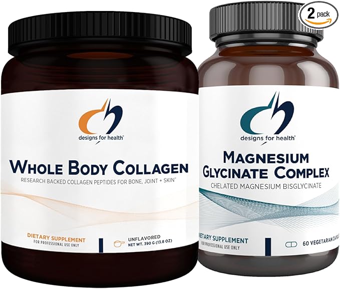 Designs for Health Magnesium Glycinate Complex (60 Capsules) &amp Whole Body Collagen (30 Servings) Bundle - High Absorption Magnesium with Premium Collagen Powder to Support Bones Skin &amp Joints