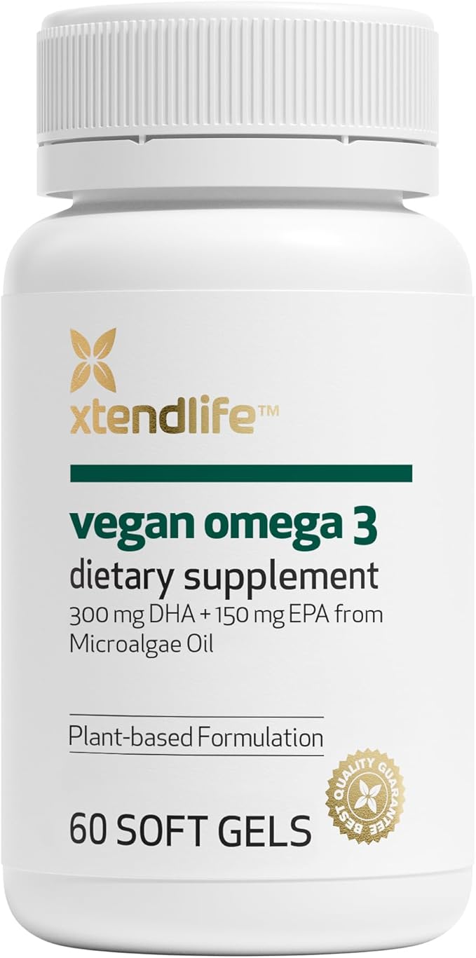 Xtendlife Vegan Omega 3 DHA &amp EPA for Heart Brain &amp Joint Support - Potent Plant-Based Supplement from Marine Algae - 30 Day Supply - Vegan &amp Vegetarian Friendly