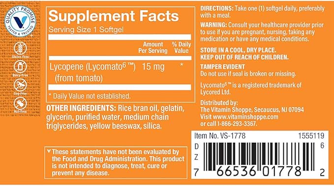 The Vitamin Shoppe Lycopene 15MG Antioxidant That Supports Cardiovascular (60 Softgels)