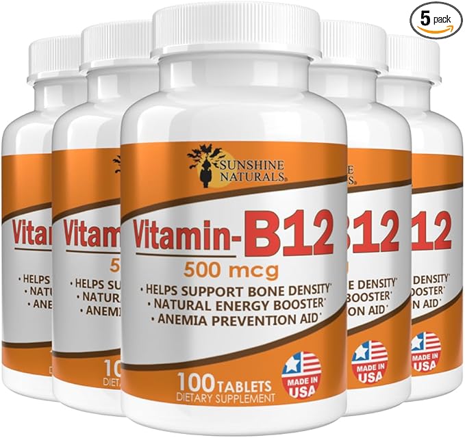 Sunshine Naturals Vitamin B12 500 mcg Dietary Supplement Energy Support 100 Tablets (5 Pack)