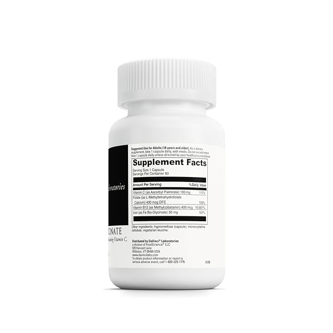 DAVINCI Labs Iron Bis-Glycinate - Gentle Iron Supplement for Women &amp Men - Help Support Hemoglobin Production &amp Normal Energy Levels with Vitamin C &amp More - Vegan - 60 Vegetarian Capsules