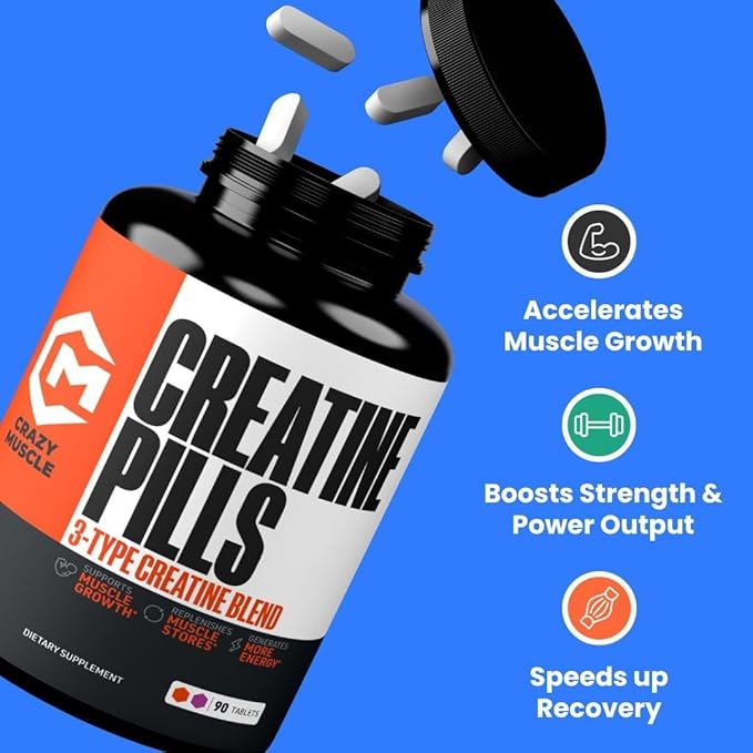 Crazy Muscle Creatine Pills 5g 3X Pure Creatine Monohydrate Pre Workout Muscle Mass Gainer High Absorption ThreeAtine Performance Men Women Tablets - 30 servings