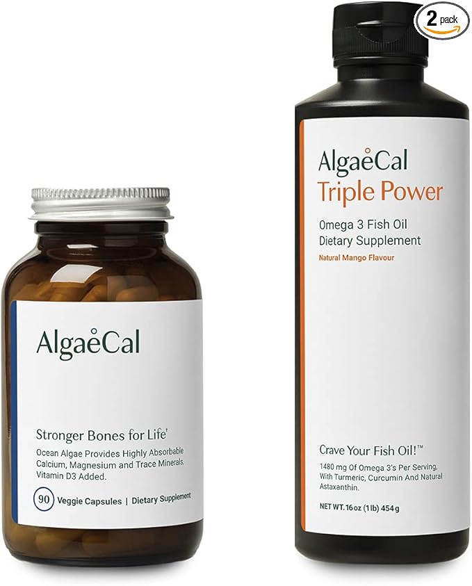 AlgaeCal Bundle - Plant Based Calcium Supplement with Vitamin D3 for Bone Health &amp Strength &amp Triple Power Omega-3 Fish Oil Natural Liquid Emulsion with EPA &amp DHA Curcumin Astaxanthin