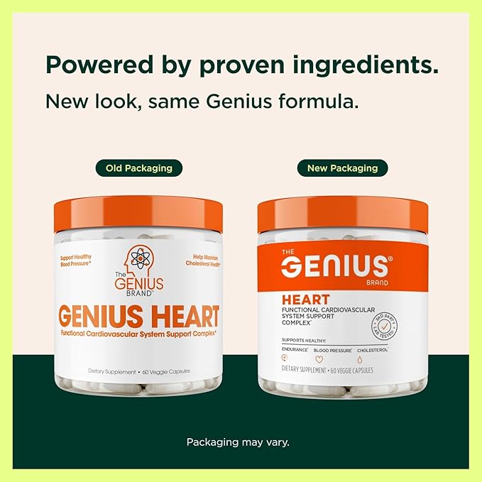 The Genius Brand Genius Heart - Adult Health Supplement for Daily Heart Function Support - Supports Blood &amp Oxygen Flow - With Grapeseed Extract &amp More - Non-GMO Gluten-Free &amp Vegan - 60