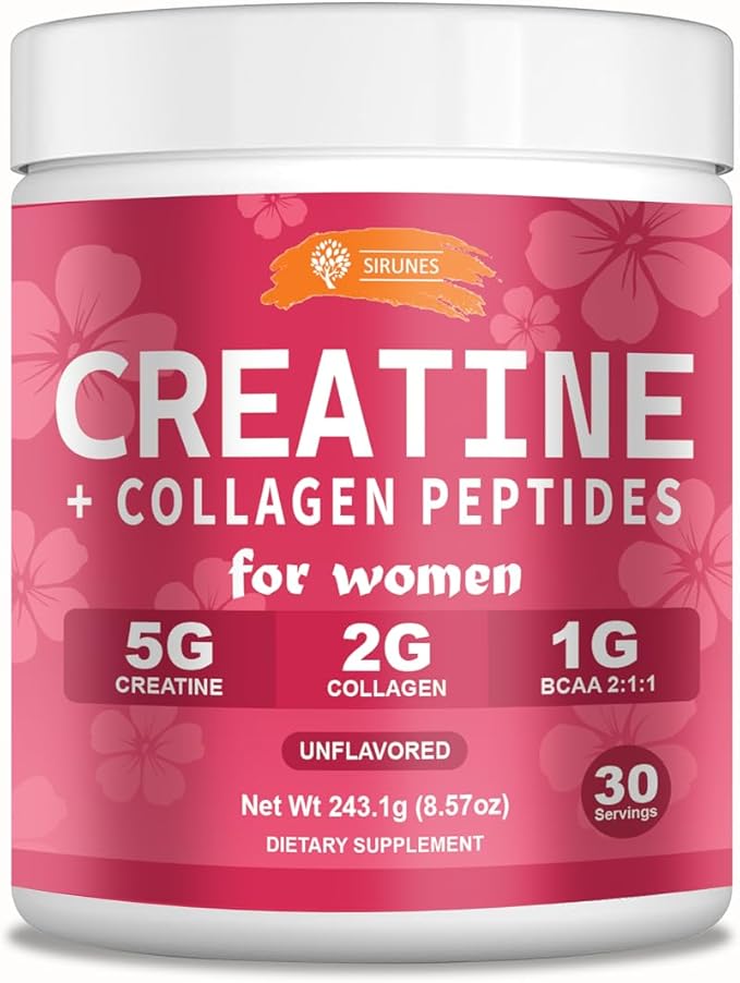 SIRUNES SRUNES Creatine and Collagen for Women – 5g Creatine Monohydrate 2g Collagen Peptides 1g BCAA 2:1:1 – Unflavored Supplement Powder 30 Servings