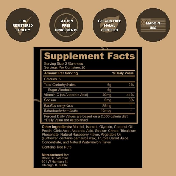 Black Girl Vitamins - Probiotic Gummies for Digestive Health and Immune Support Gluten-Free Vitamins (Raspberry-Watermelon) 60ct