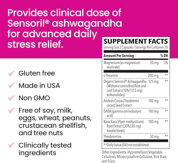 LifeSeasons NeuroQ Calm Focus Capsules - Stress Relief Supplement - Supports Mental Function &amp Relaxation - Sensoril Ashwagandha Magnesium GABA L-Theanine Andean Cocoa &amp Kava Kava - 60 Cap