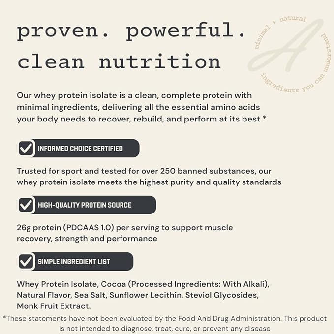 Anea Whey Protein Isolate - Chocolate | 26g Protein | 5.8g BCAAs | Low Carb 3g Carbs | Complete Amino Acids | Gluten-Free Soy-Free | Lean Muscle &amp Recovery | Made in GMP Facility
