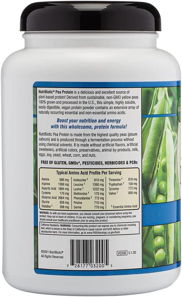 NutriBiotic Pea Protein Plain 21 Oz | Low Carb Vegan Plant Protein Powder | 100% Grown &amp Processed in The USA | Deliciously Creamy &amp BCAA-Rich | Made Without Chemicals GMOs &amp Gluten | Ke