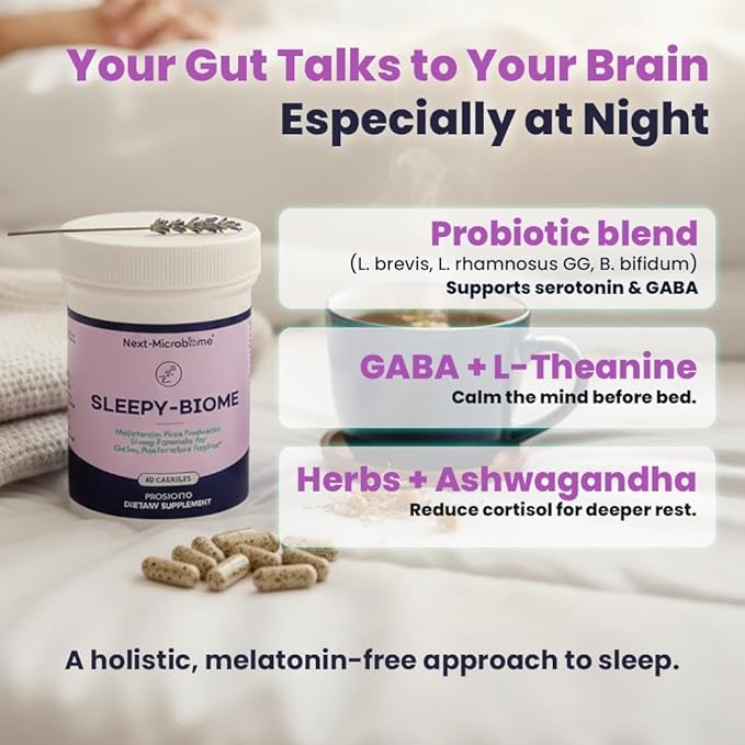 Sleepy-Biome – Melatonin-Free Probiotic Sleep Formula with GABA L-Theanine 5-HTP Valerian Lavender Lemon Balm &amp Ashwagandha – Gut-Brain Axis Support for Calm Restorative Sleep – 60 Capsules