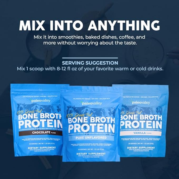 Paleovalley 100% Grass Fed Beef Bone Broth Protein Powder - Rich in Collagen Peptides for Hair Skin Gut Health Bone and Joint Support - 13g Protein Per Serving - No Gluten or GMOs - Vanilla