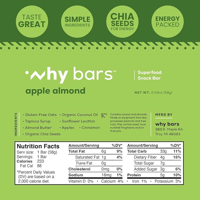 Why Bars Superfood Protein Bars Variety Pack 2.04 Ounce Bars (Pack of 12 Protein Bars) - Protein Bar Superfood Gluten Free Non GMO Organic Vegan Simple Ingredients