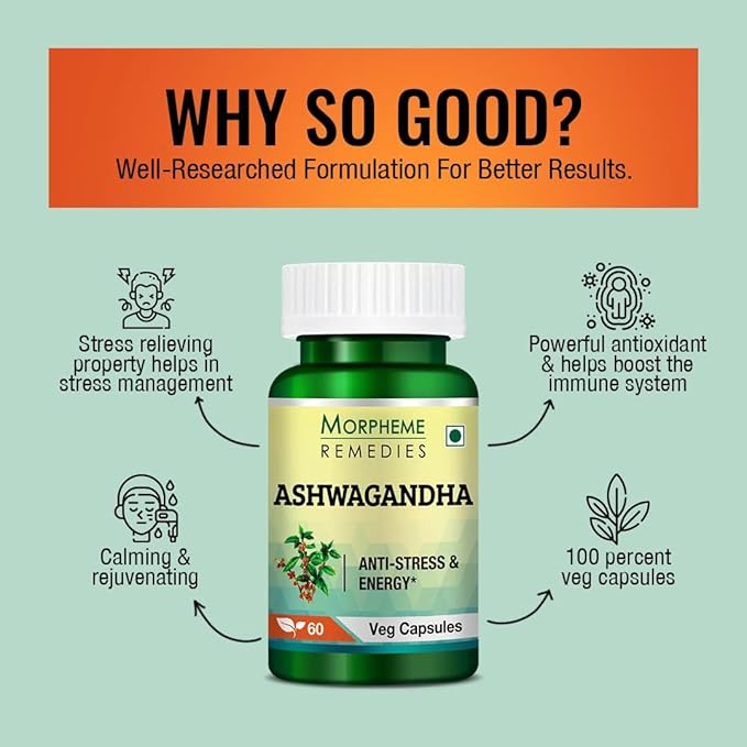 Morpheme Ashwagandha (Withania somnifera) 500mg Extract 60 Veg Caps - 3 Combo Pack