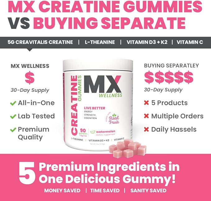 Creatine Monohydrate Gummies for Men &amp Women – Real Fruit Gummy Supplement for Muscle Growth Recovery Longevity Cognitive Health &amp Memory – 90 Chews (90 Gummies Watermelon)