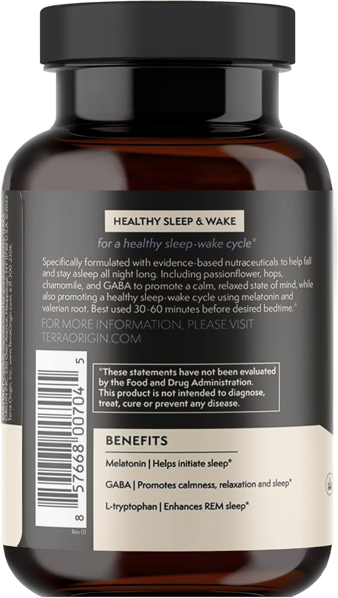 TERRA ORIGIN Healthy Sleep &amp Wake | Natural Sleep Aid Supplement for Adults | Restful and Awake Refreshed | GABA L-Tryptophan Melatonin Chamomile Valerian PassionFlower | 60 Capsules