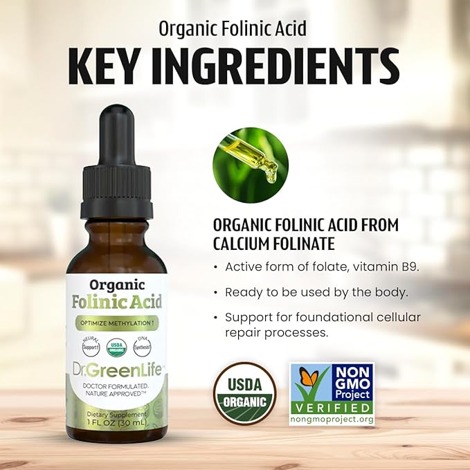 Dr. Green Life USDA Organic Folinic Acid Drops - 500 mcg per Drop | Methylation Support B9 Supplements for Kids &amp Adults | Supports Neurological Function Nervous System Health &amp DNA Synthesis