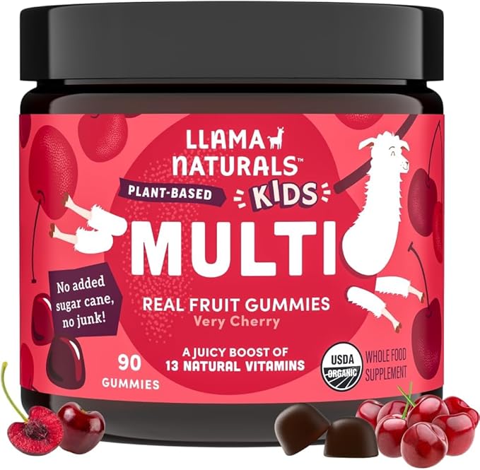 Llama Naturals Kids Multivitamin Gummies | Real Fruit No Added Sugar Cane | Organic Vegan Toddler Whole Food Vitamins | Vitamin D C &amp Beta Carotene Gummy Supplement | Cherry 90 Ct (1-2 Months)