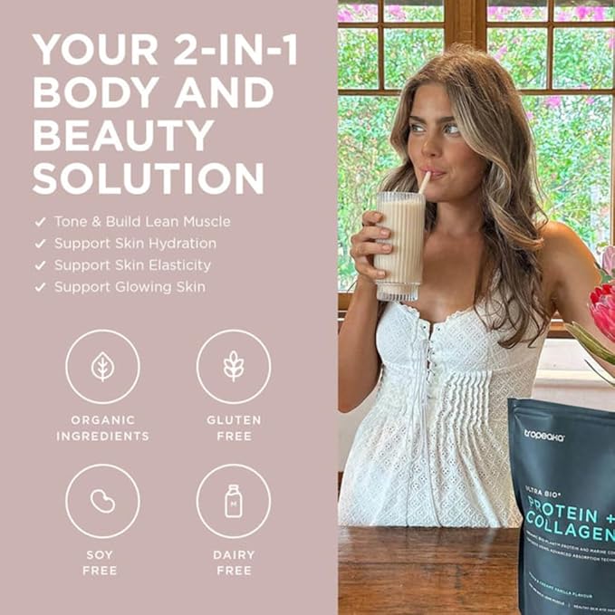 Tropeaka Collagen Protein Powder for Smoothies &amp Shakes - Creamy Vanilla - Clean Protein &amp Marine Collagen Peptides for Skin Hair &amp Nails Dairy Free Gluten Free Non-GMO 18oz (17 Servi